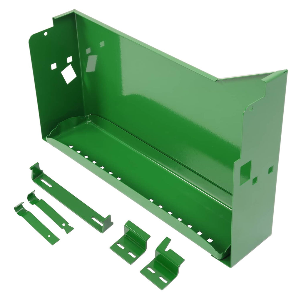 Green metal battery box with open interior and side mounting tabs, plus bracket pieces