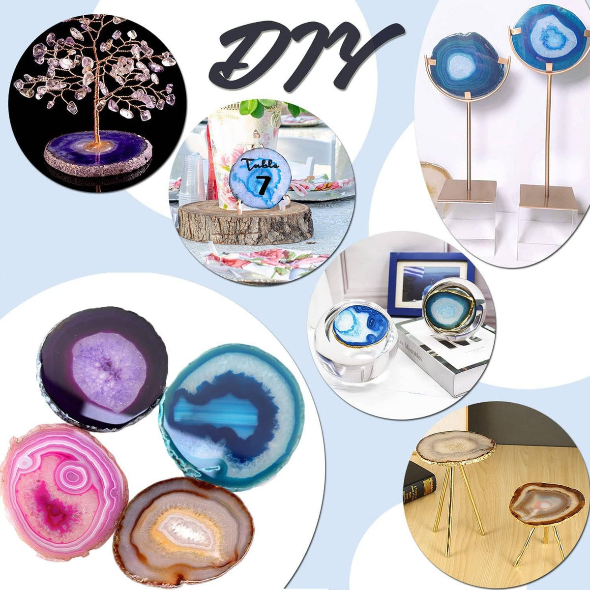 Assorted agate geode coasters on display, including teal and pink round crystal slices