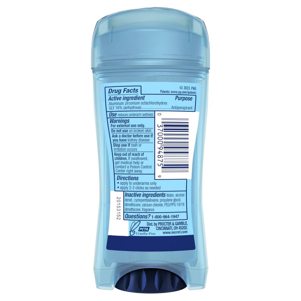 Secret Outlast antiperspirant deodorant back panel with Drug Facts information