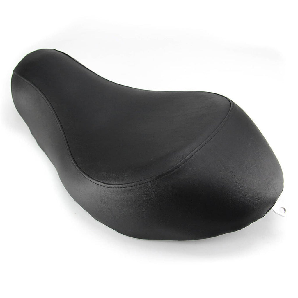 Black motorcycle solo seat with smooth curved top and side seam stitching