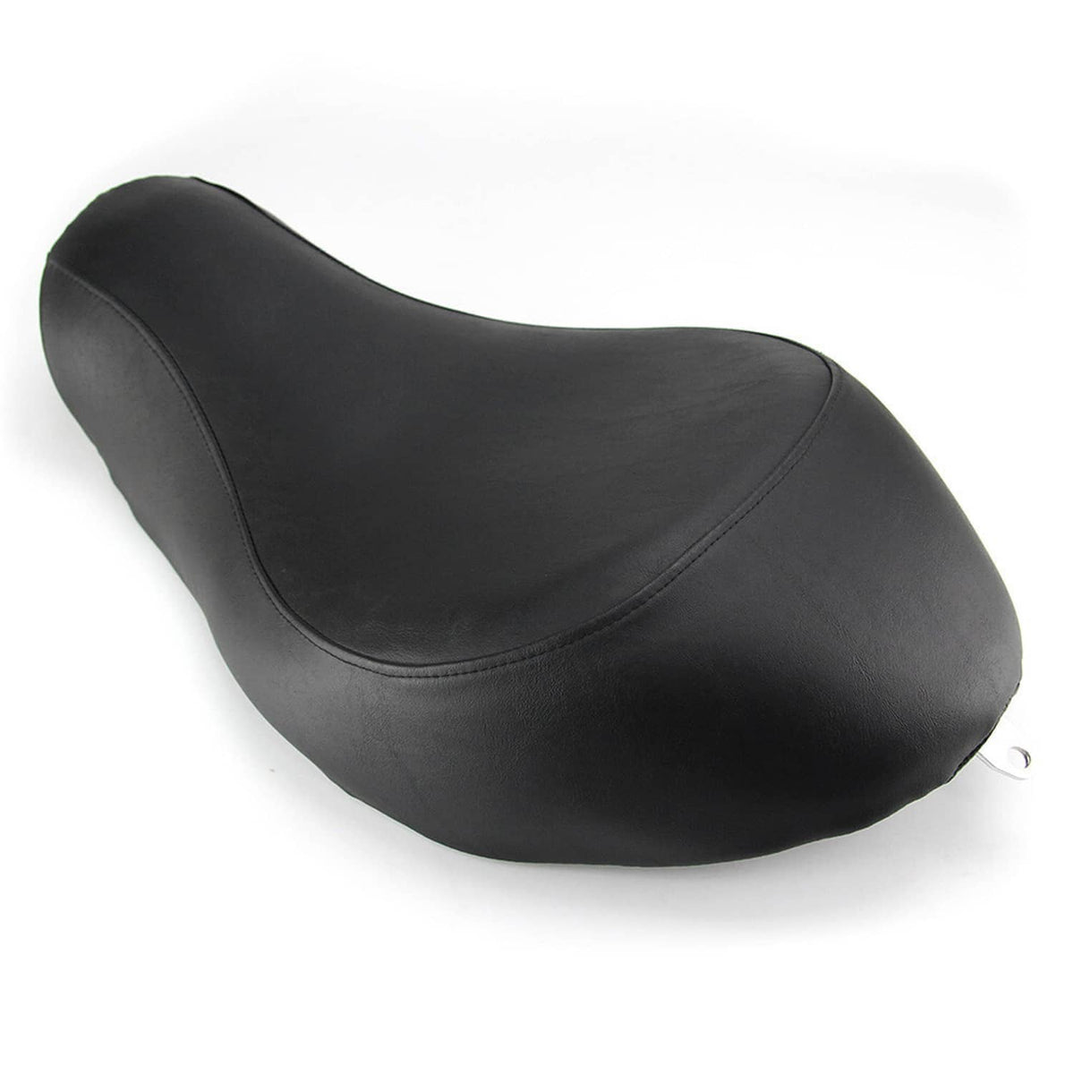 Black motorcycle solo seat with smooth curved top and side seam stitching