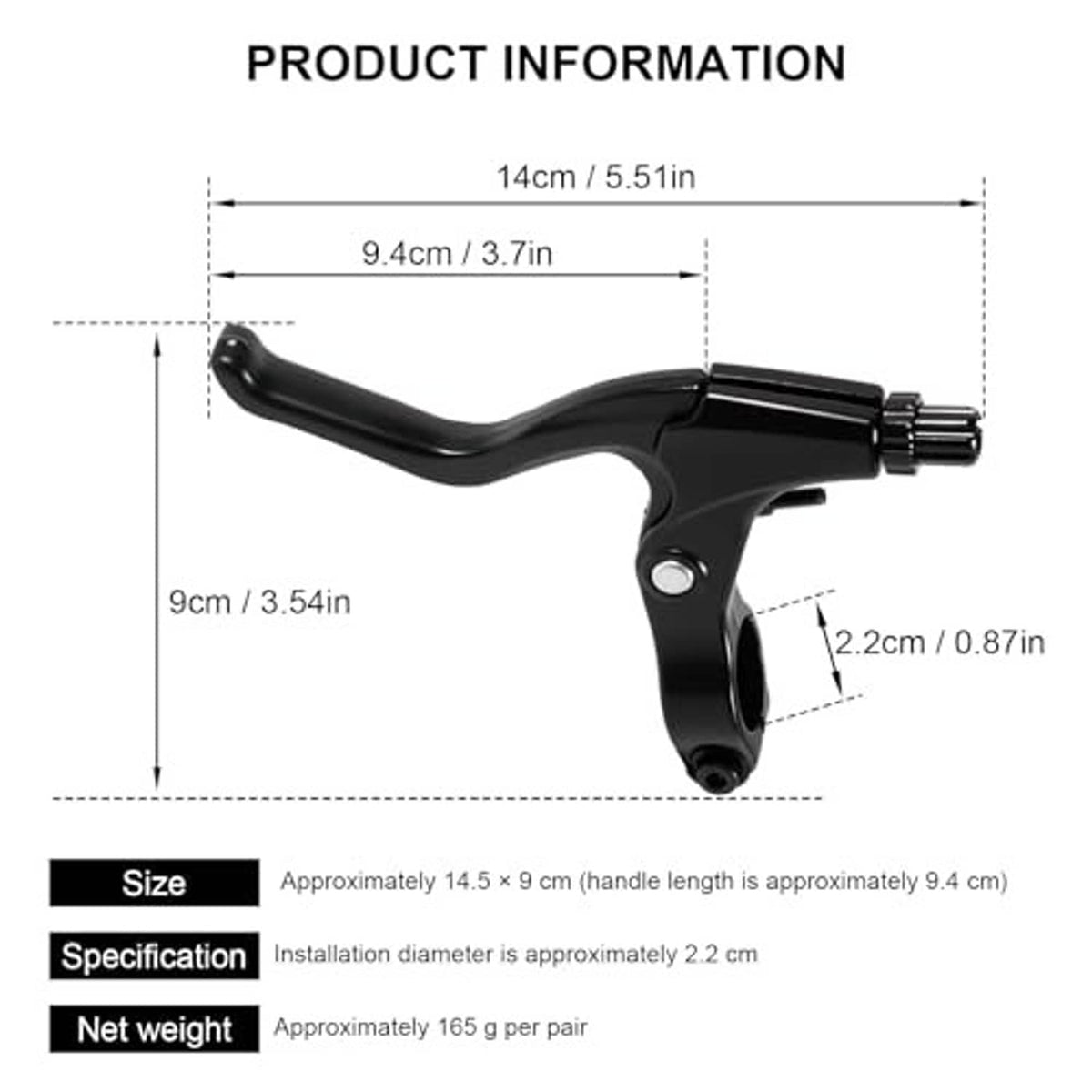 Black bicycle brake lever with dimension chart showing handle and installation measurements