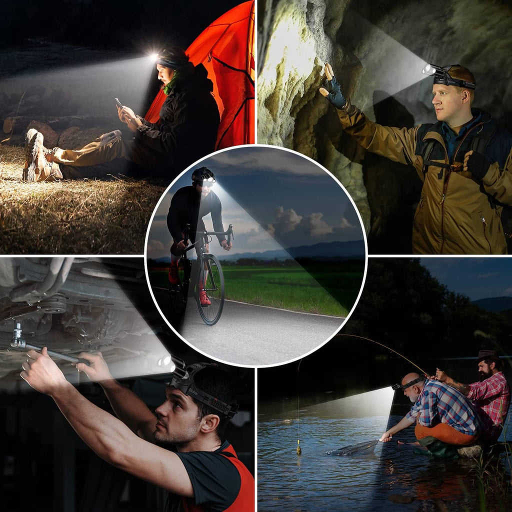 Rechargeable LED headlamp showing bright front beams for outdoor visibility