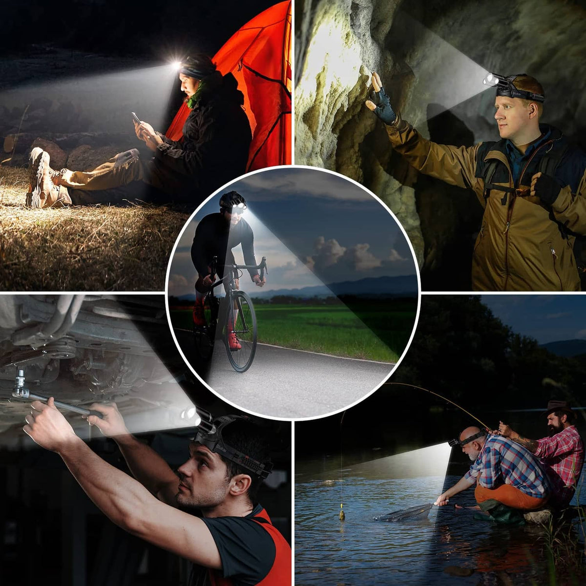 Rechargeable LED headlamp showing bright front beams for outdoor visibility