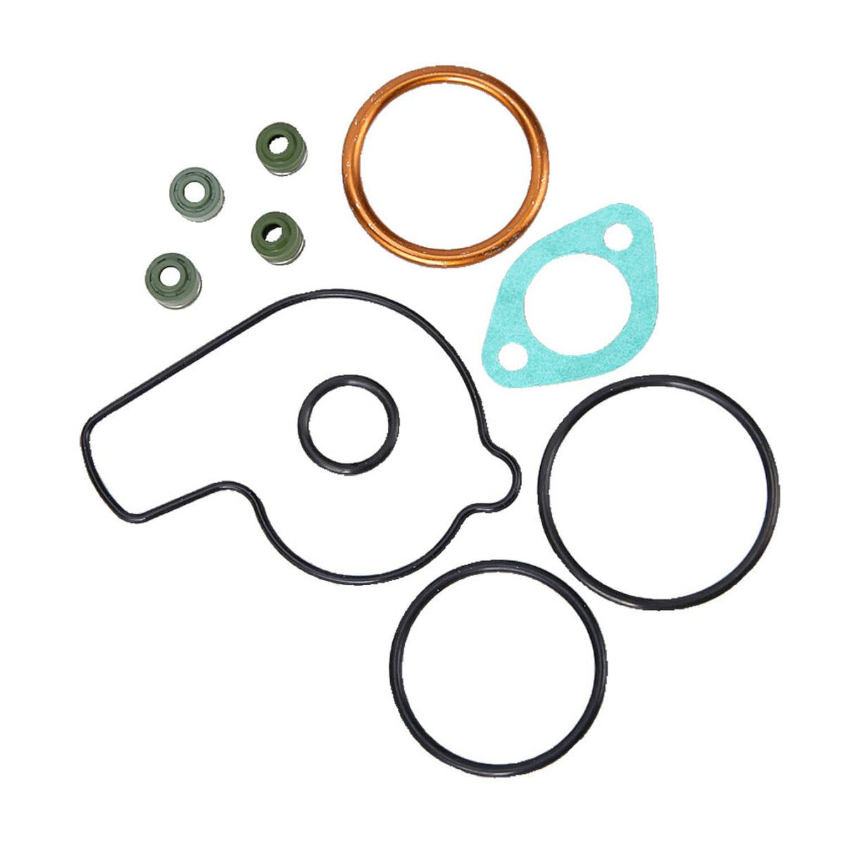 Cylinder head gasket set includes rubber seals, orange ring, and small green fasteners