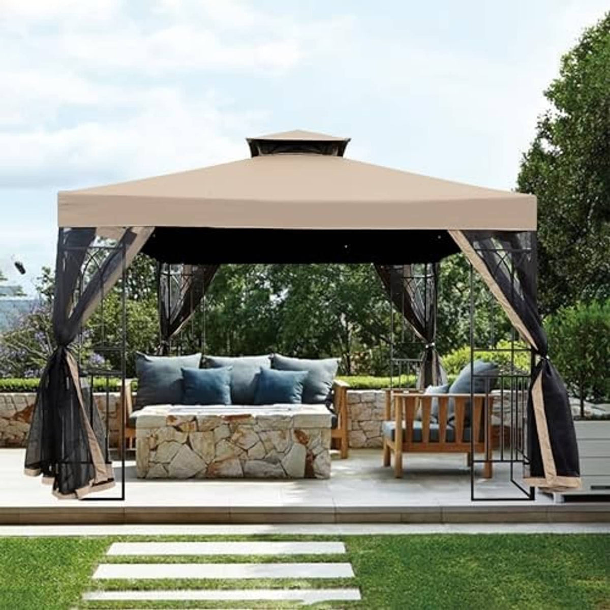 Light beige gazebo replacement cover with black side panels and tie-down corners