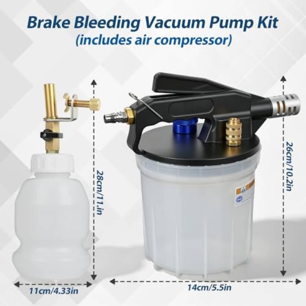 Pneumatic brake bleeder vacuum pump kit with black pump, blue knob, and clear reservoir