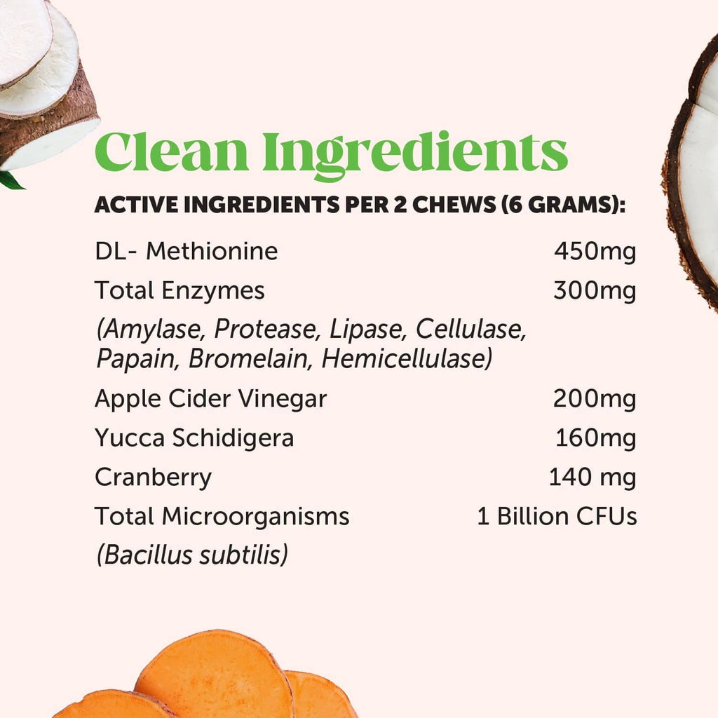 Clean ingredients panel listing active ingredients for dog chews per 2 chews