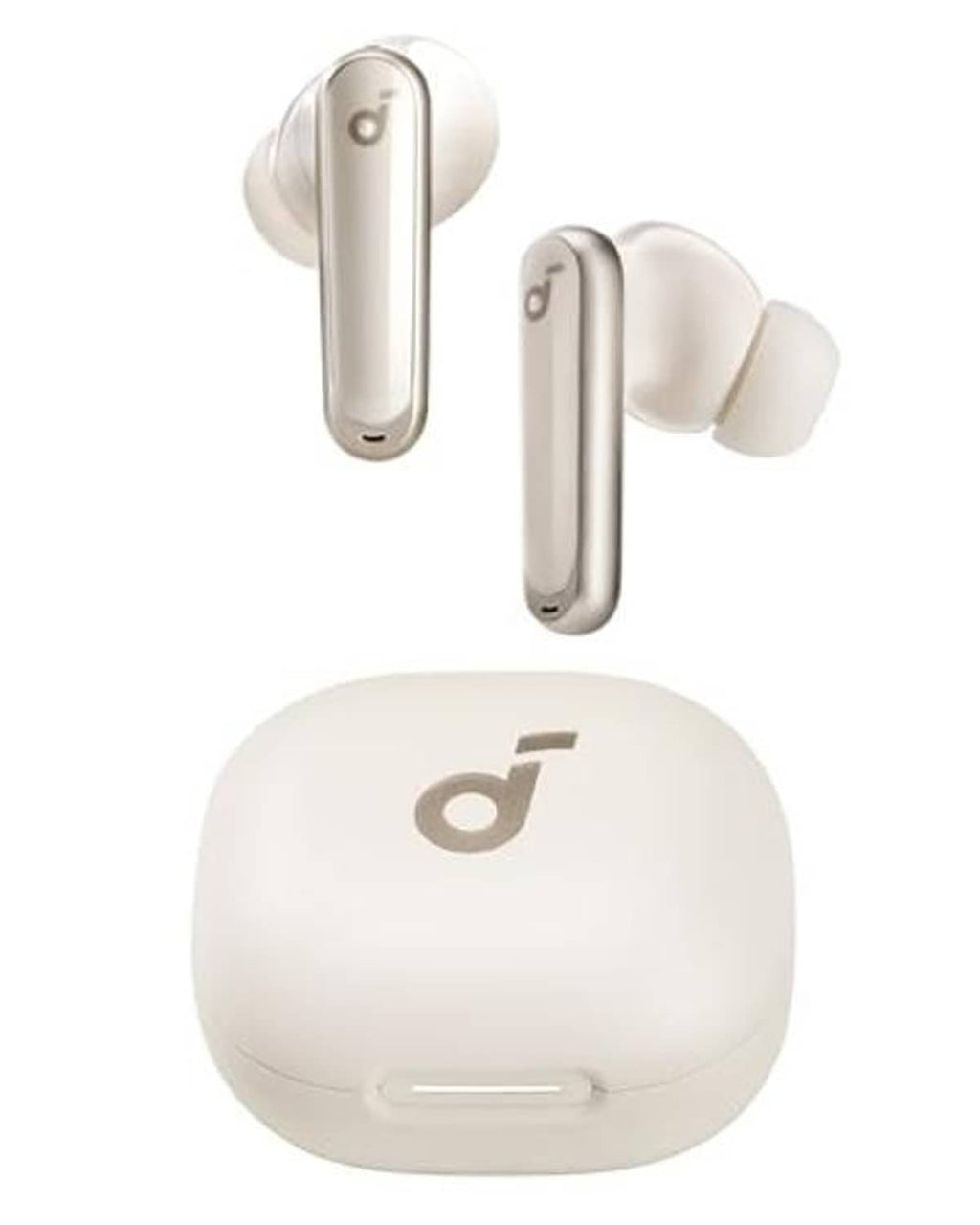 Oat-white wireless earbuds with matching charging case, stem earbuds and silicone tips.