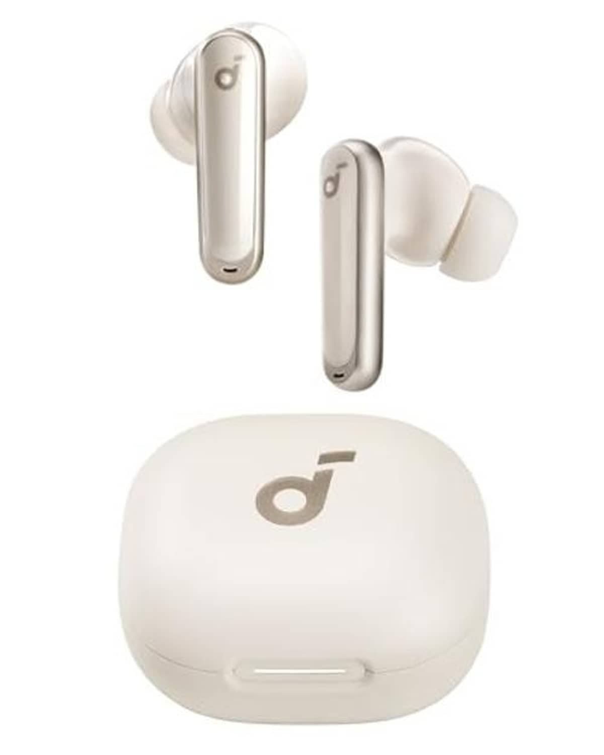Oat-white wireless earbuds with matching charging case, stem earbuds and silicone tips.