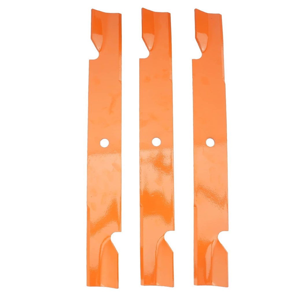 Orange mower blades, three narrow blades with round mounting holes