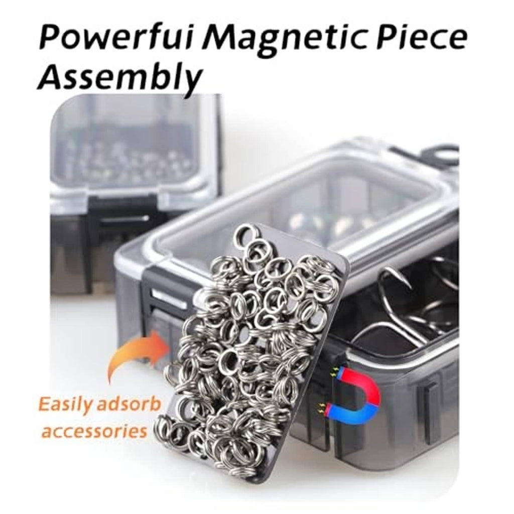 Magnetic tackle box organizer compartment holding silver metal rings, with clear plastic lid
