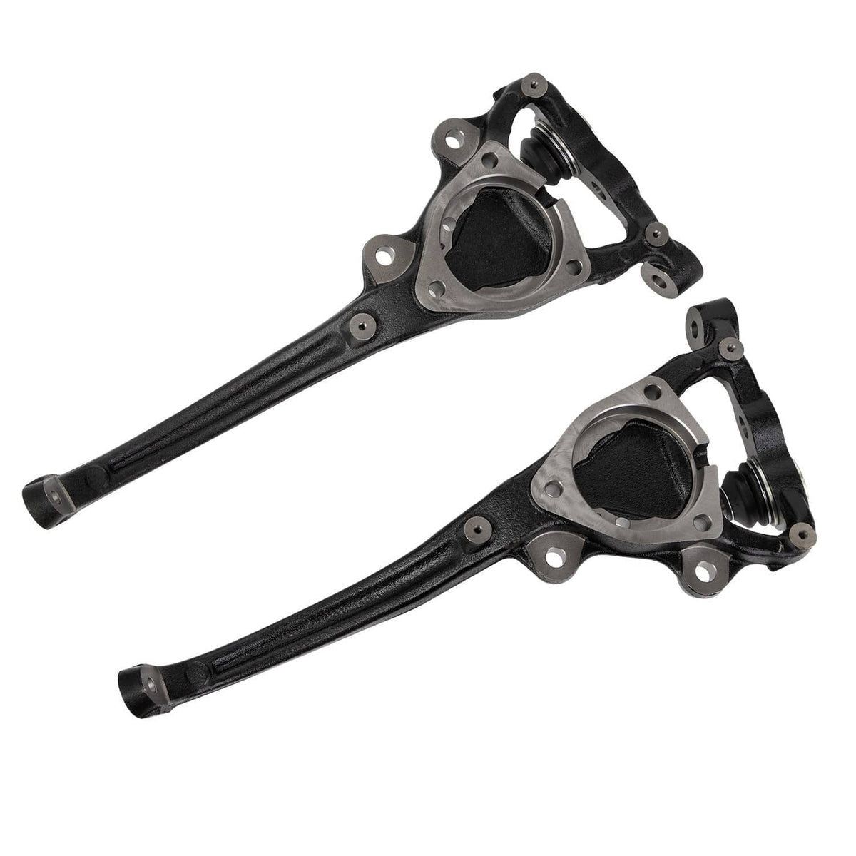 Pair of front steering knuckles with black link arms and round bushing housings