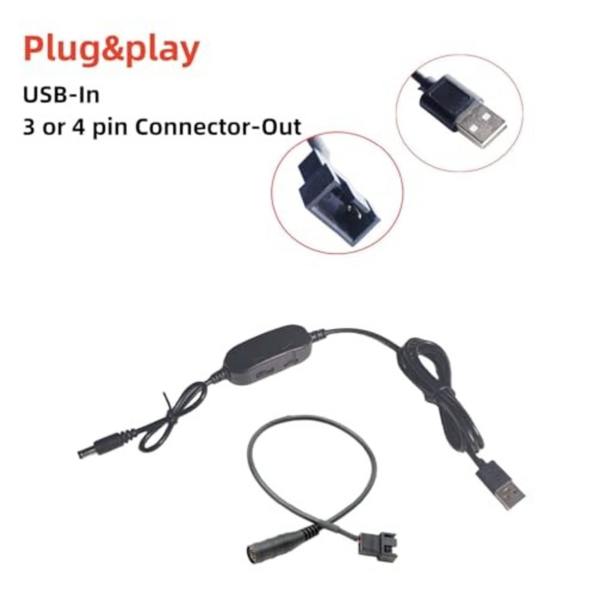 USB power-in step-up cable with inline controller and 3/4-pin connector out