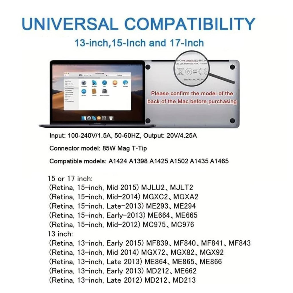 White magnetic T-Tip charger shown with input/output specifications on back label