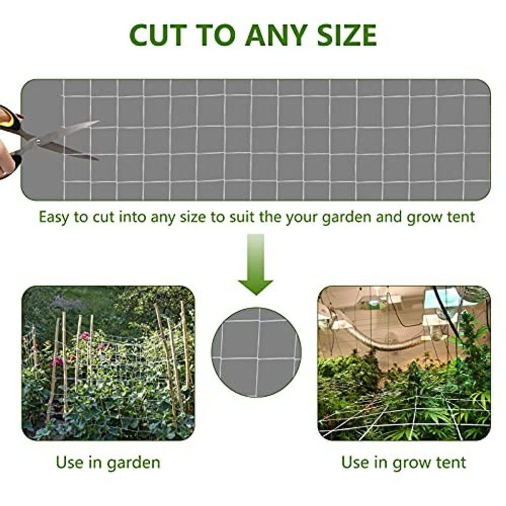 White trellis netting sheet with square grid, shown being cut to size