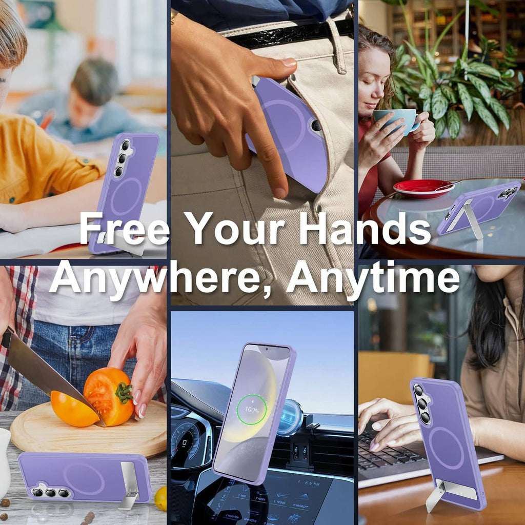 Light purple phone case with built-in kickstand; circular back panel visible