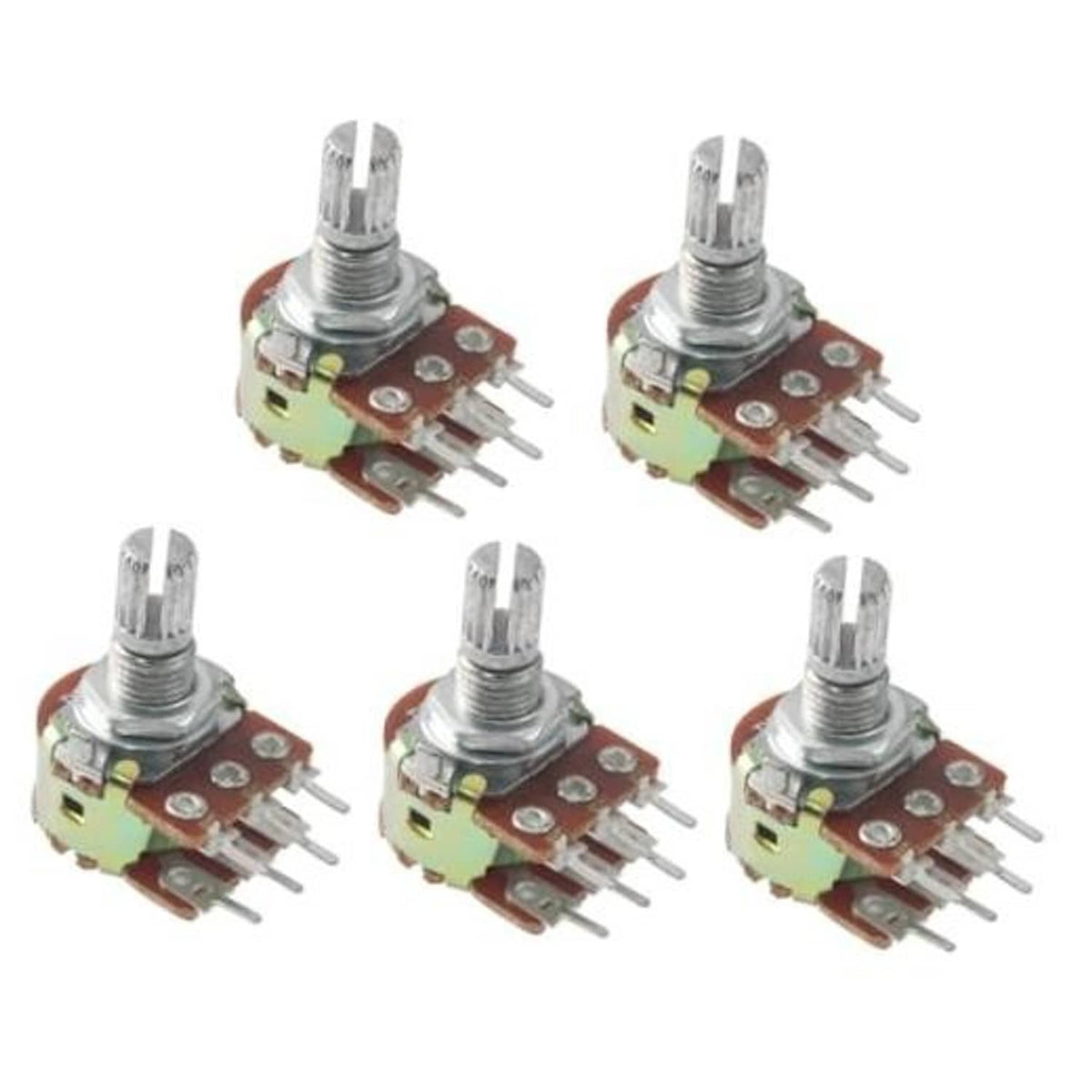 Dual 50K 6-pin dual potentiometer, metal shaft and 5-pin PCB terminal array