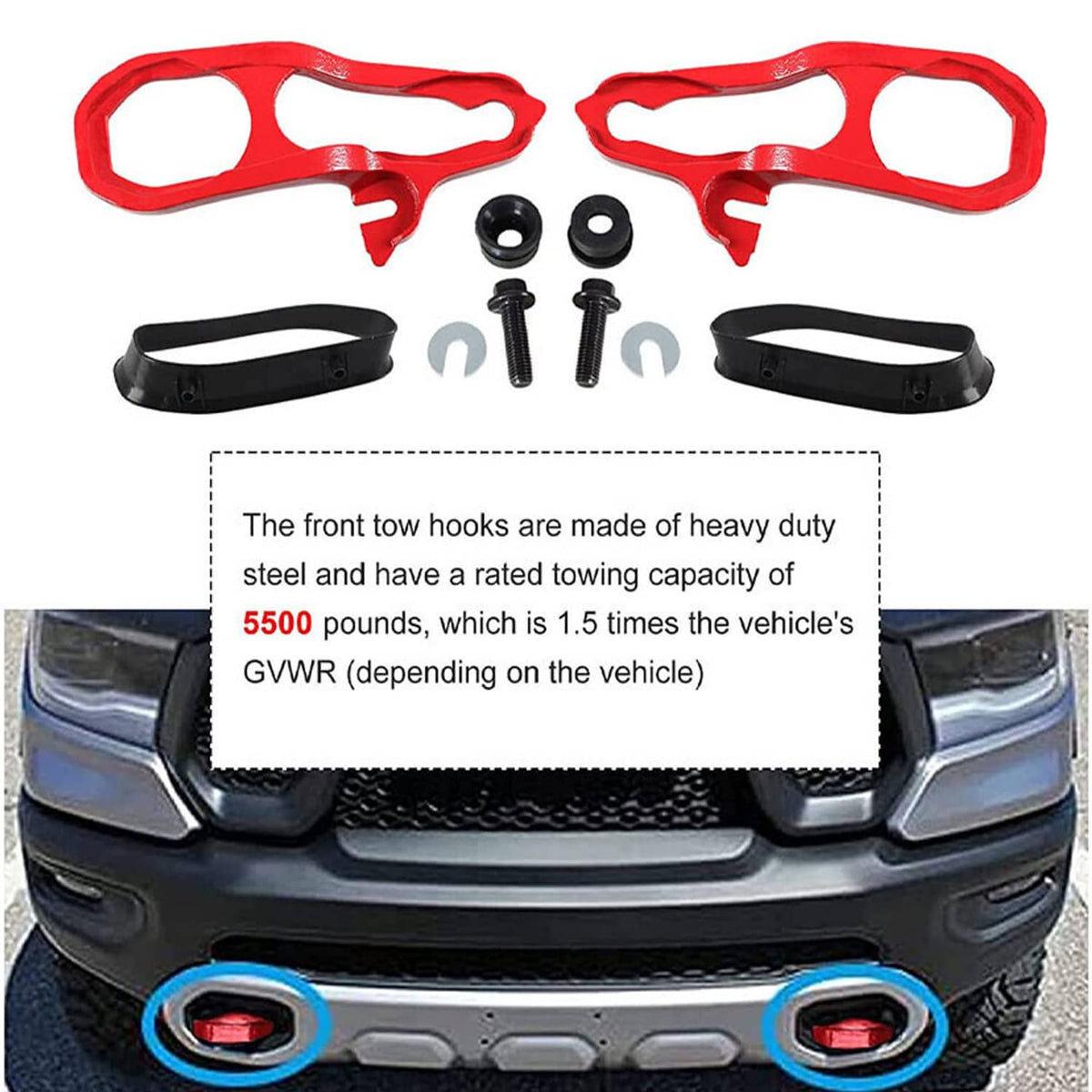 Front tow hooks kit: two red hooks with black bushings and bolts plus black brackets