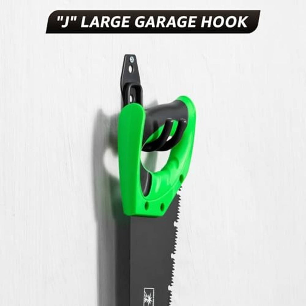 Large black garage hook holding a green tool handle on curved hook arms