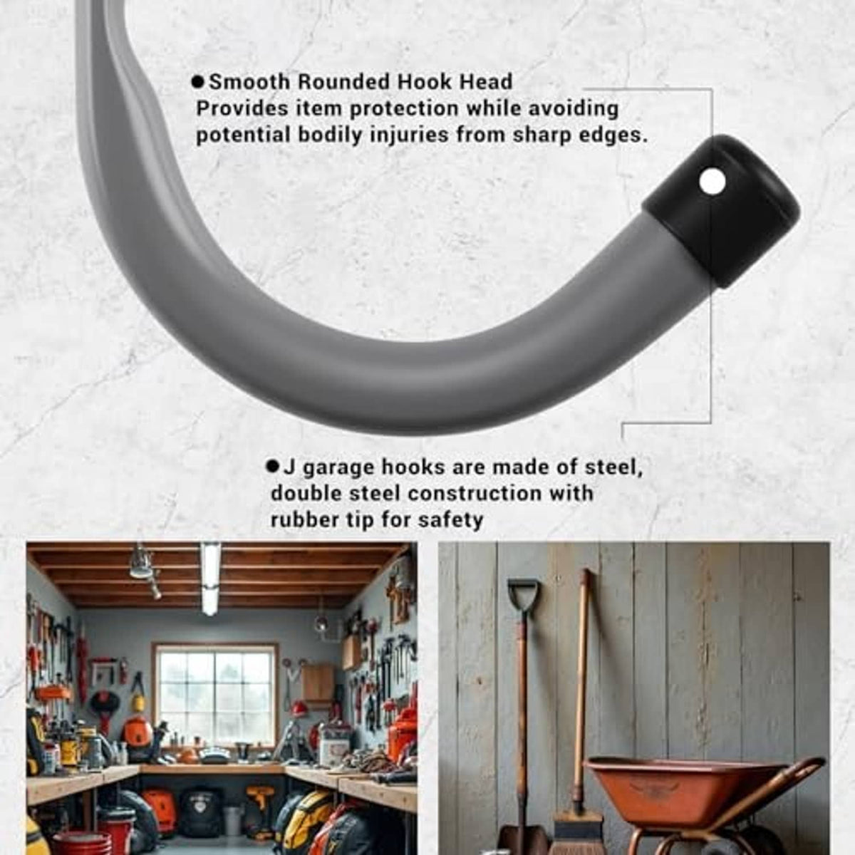 Gray steel wall hook with smooth rounded head and black rubber safety tip