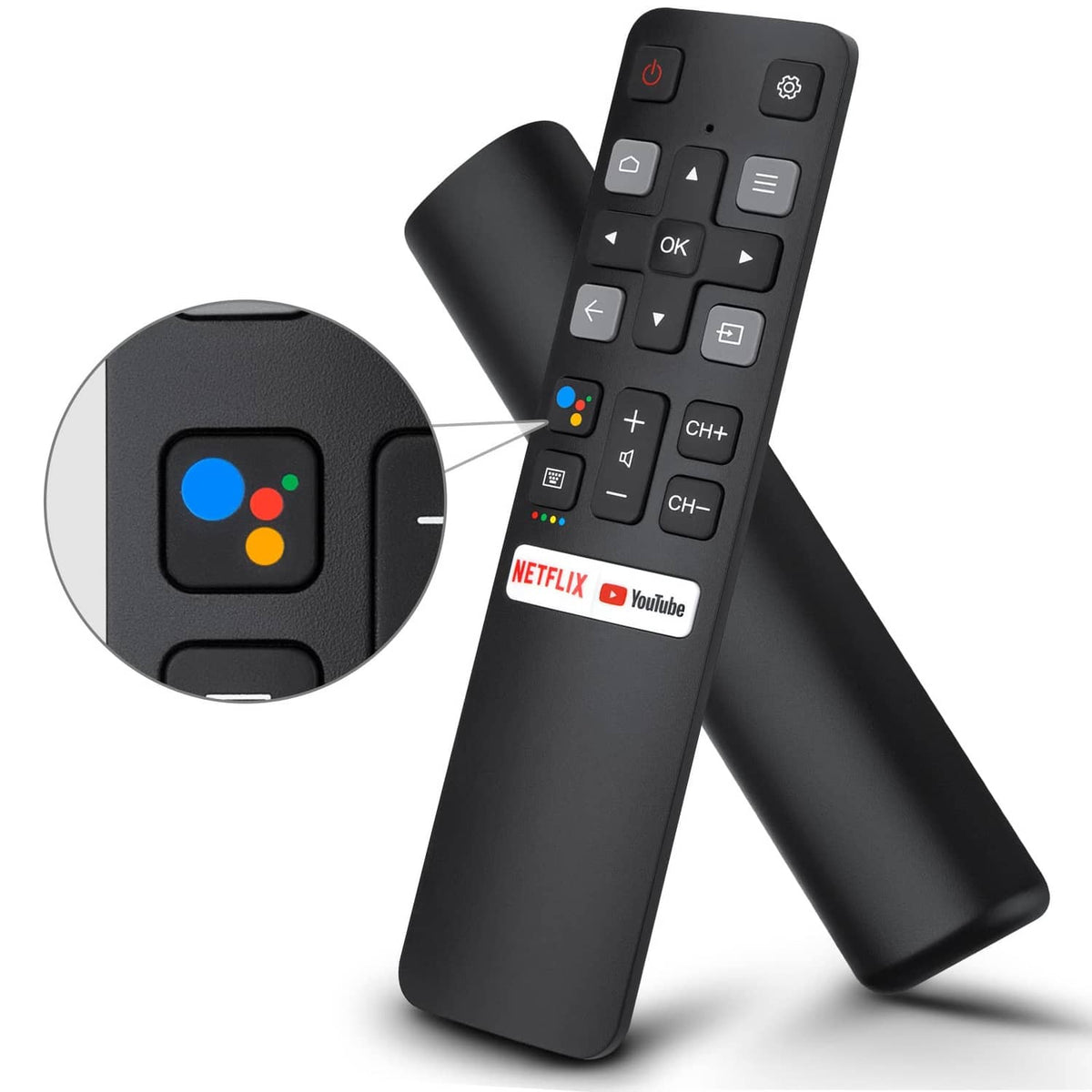 Black voice TV remote control with OK, home, and navigation buttons