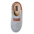 Light grey fleece clog slippers with brown trim and oval patch, plush interior lining