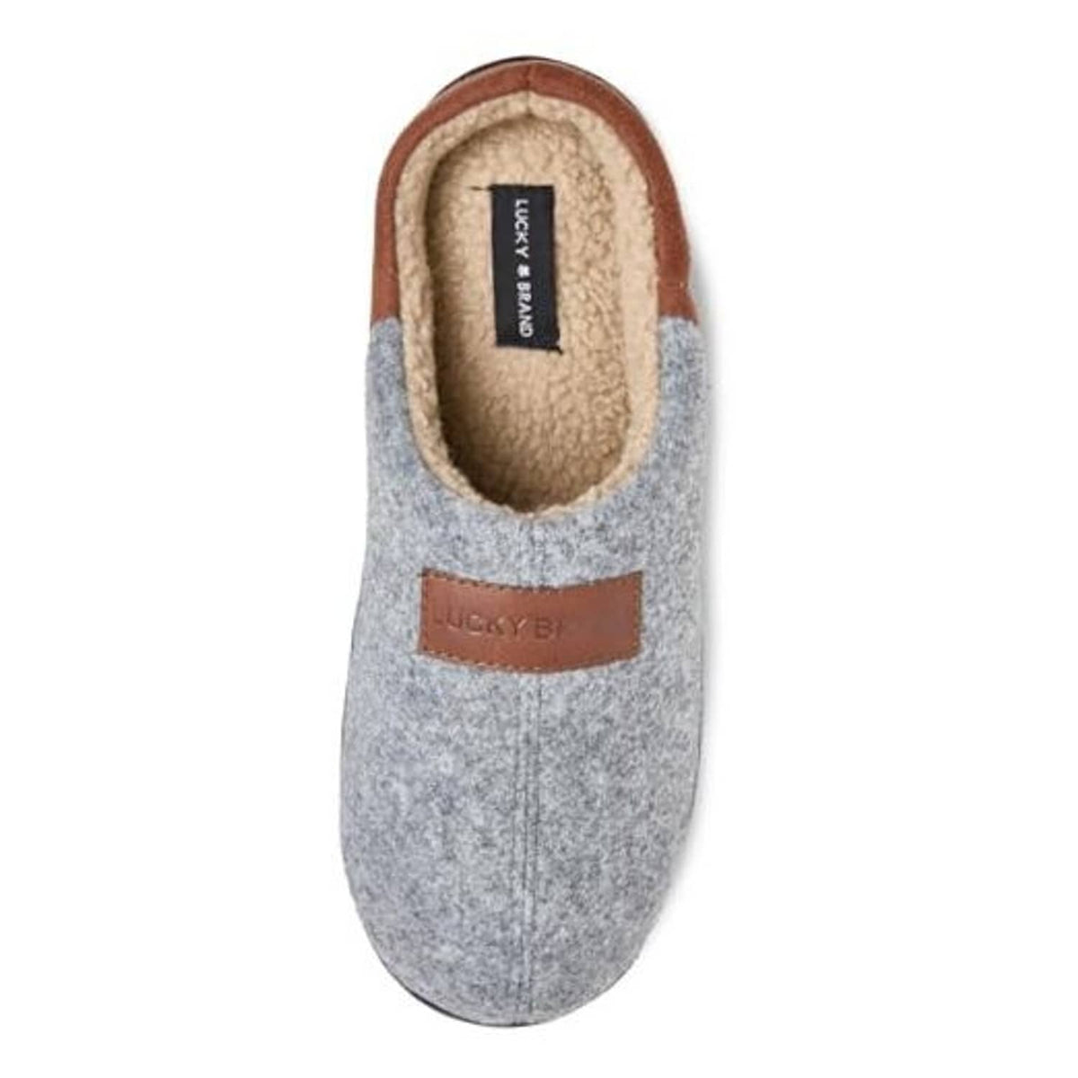 Light grey fleece clog slippers with brown trim and oval patch, plush interior lining