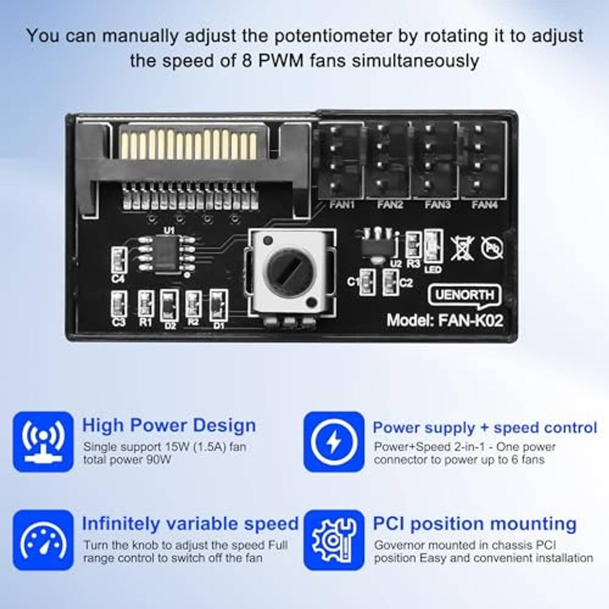 PC fan speed controller hub with speed knob and PWM fan header connectors