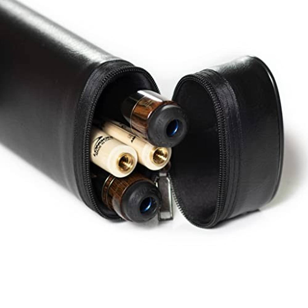 Black billiard cue case with cues stored inside, showing two separate compartments.
