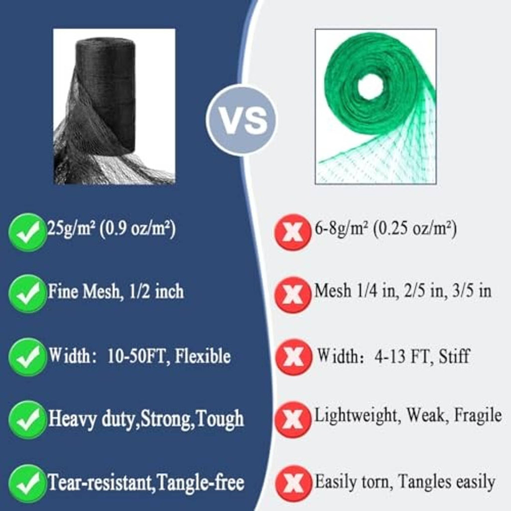 Comparison graphic featuring rolled black woven mesh netting and a green spool alternative