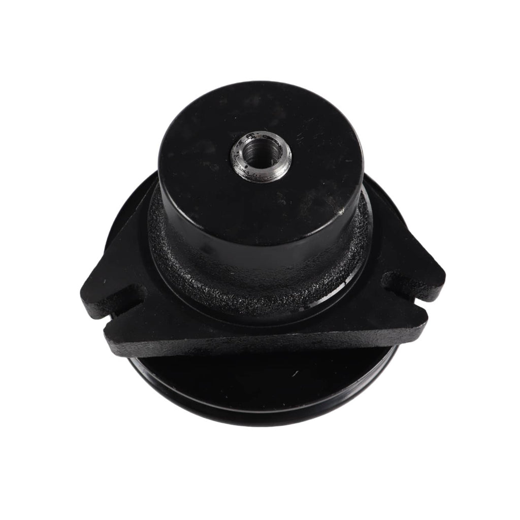 Black lawn mower deck spindle assembly with threaded center hole and mounting ears