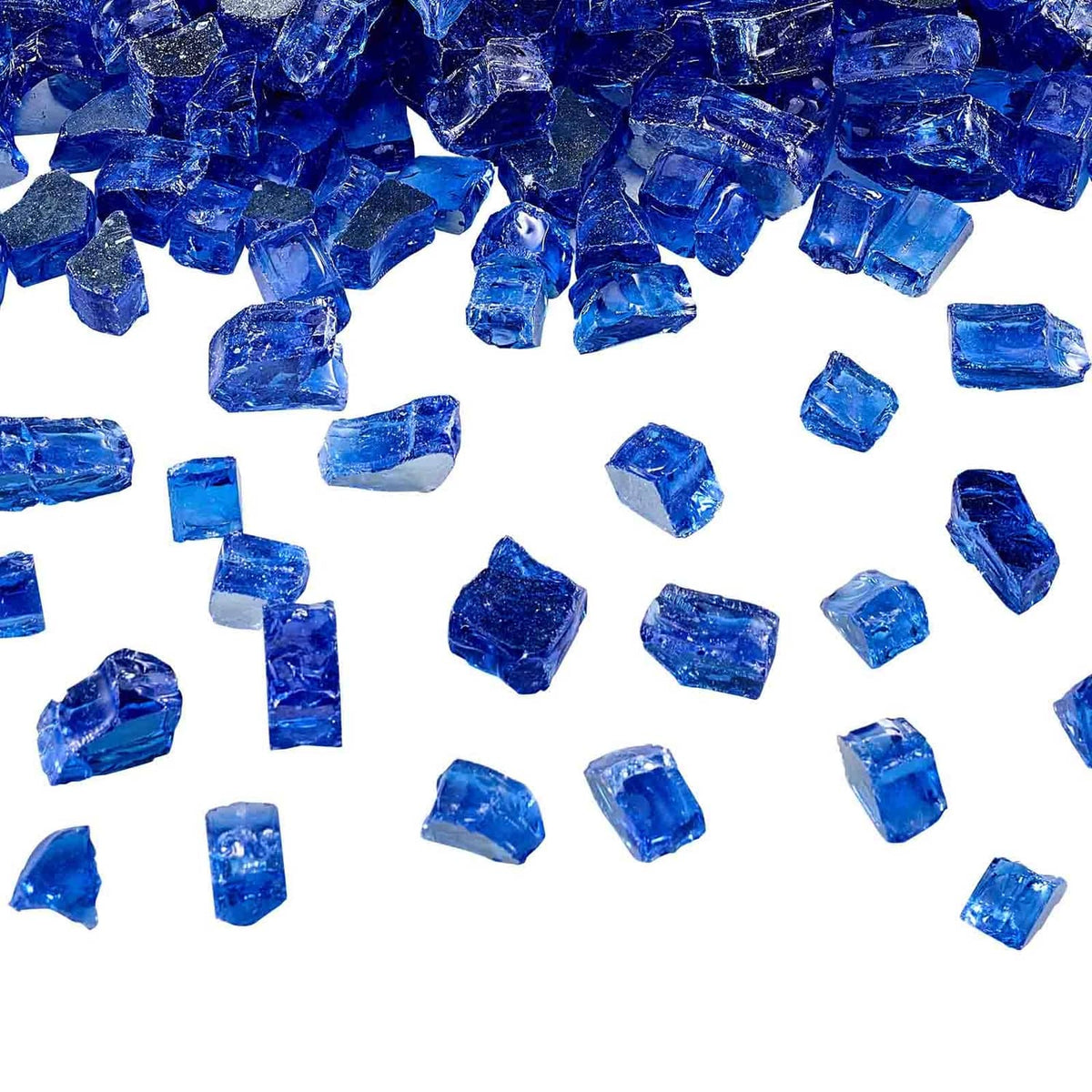 Cobalt blue glass fire pit rocks, 1/2-inch chunks scattered