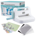 Desktop die cutting and embossing machine with teal lever and card paper sheets