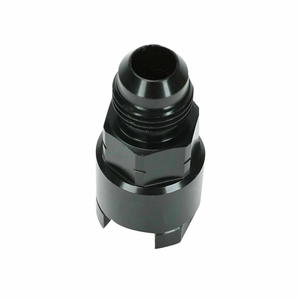 Black AN 8 fuel adapter fitting, close-up of hex collar and quick-connect top