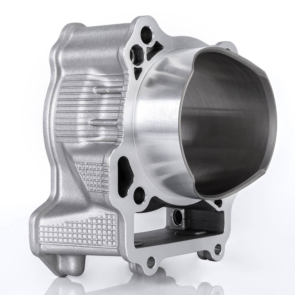 Silver aluminum cylinder with circular bore and mounting holes, angled view