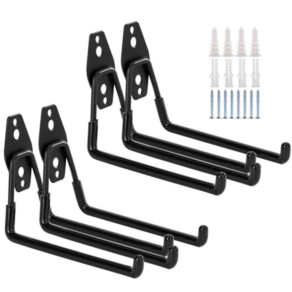 Four-pack black garage wall hooks with curved arms and included mounting screws