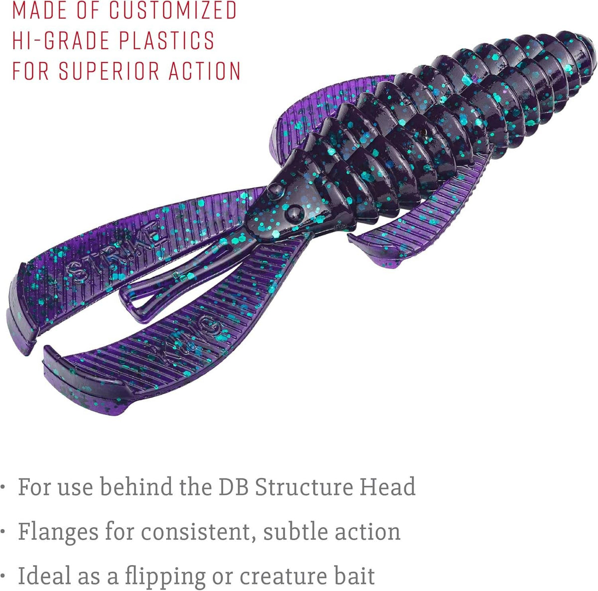 Purple-blue soft plastic craw bait with ribbed segments and teal speckles
