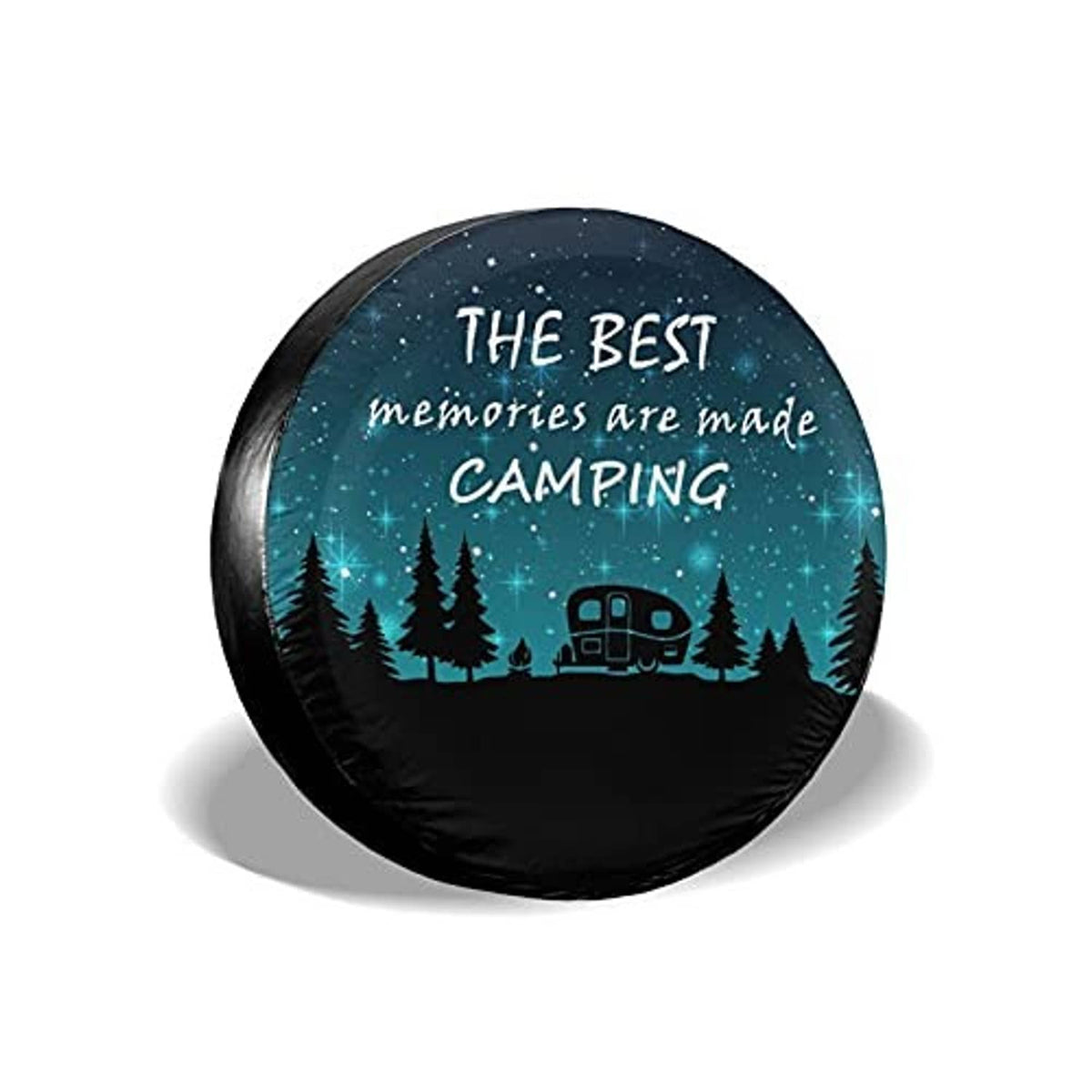 Camping spare tire cover with teal forest and camper graphic, 'THE BEST' text