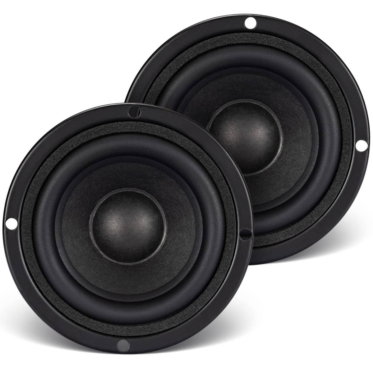 Pair of black speaker drivers showing front woofer cones and mounting holes