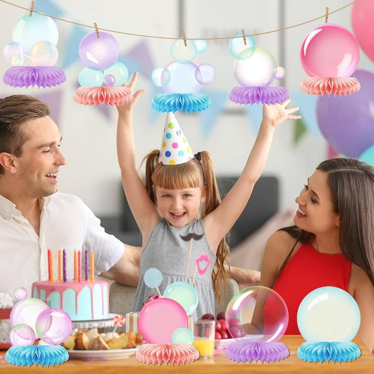 Bubble honeycomb party centerpiece decorations, multicolor balloon and honeycomb fringe pieces
