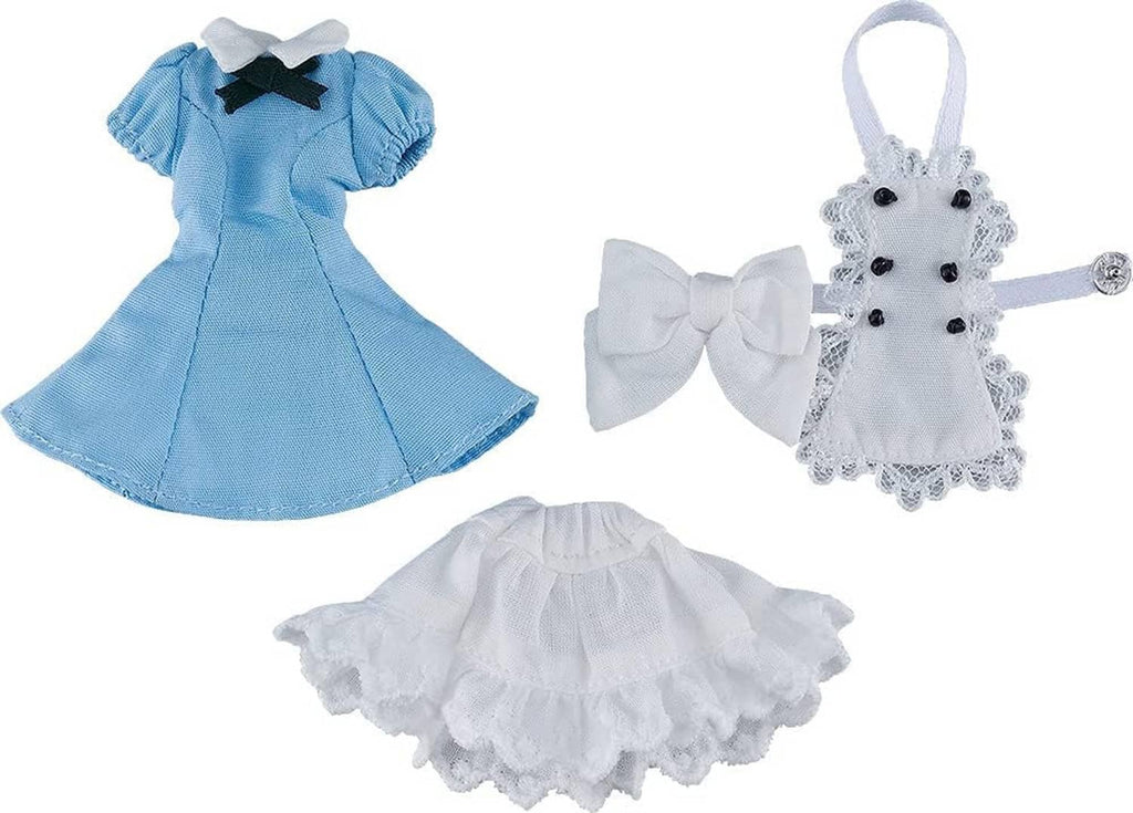 Kids blue dress with black collar bow plus white lace apron and layered ruffle skirt