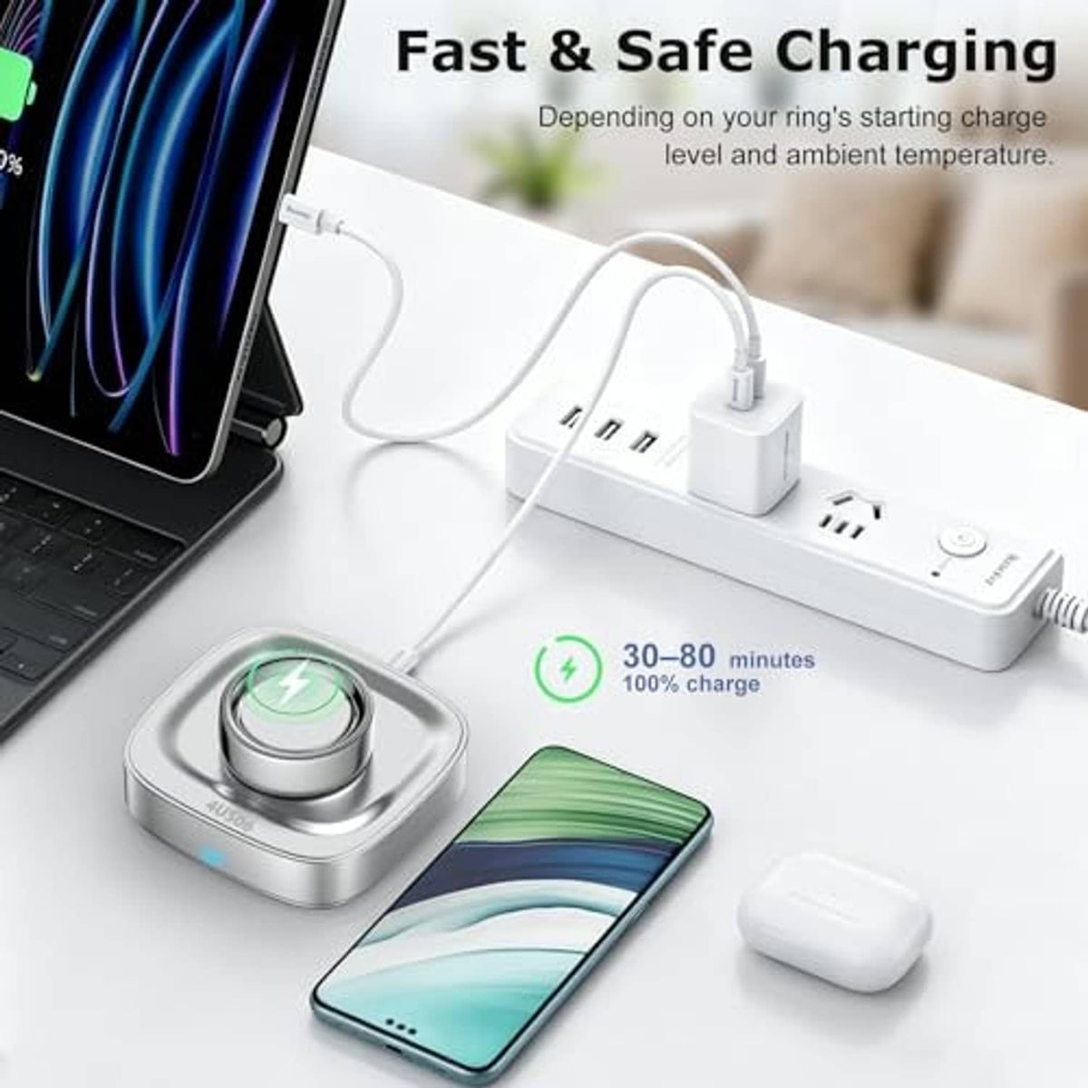 Ring charger with power ports connected to a cable and glowing indicator