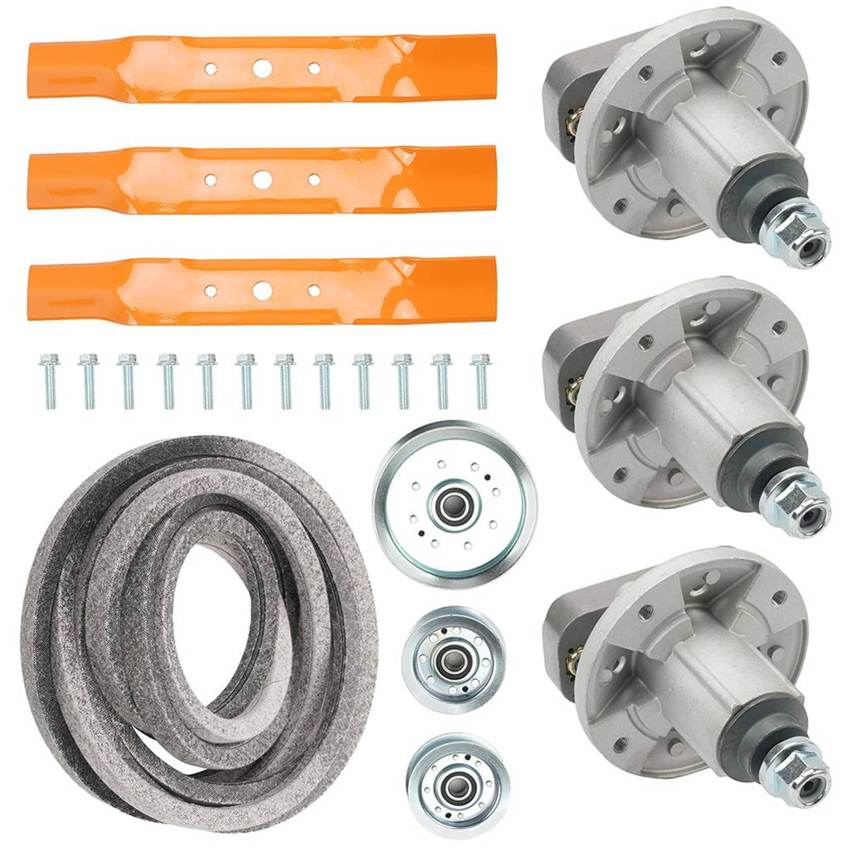 Deck rebuild kit spindles with mounting plates, blades, pulleys, and belt