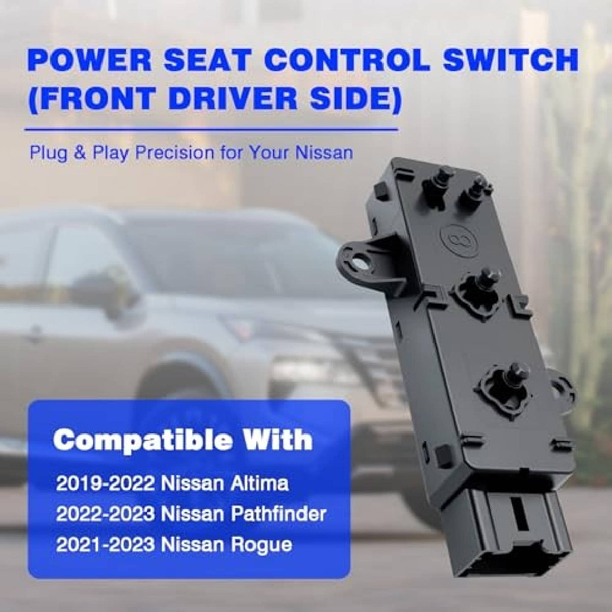 Power seat control switch module, black plastic with button controls and mounting tab