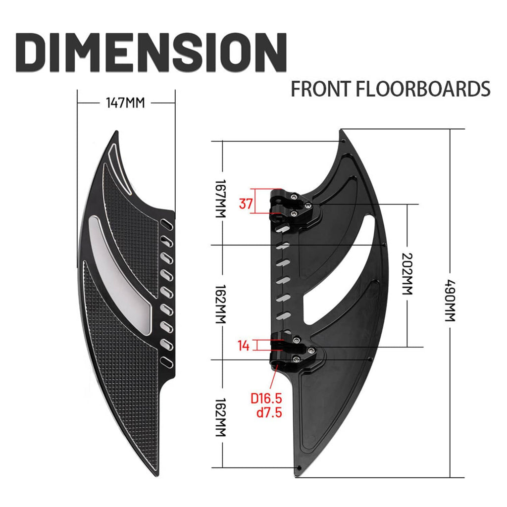 Front floorboard dimension diagram with labeled measurements for a black panel