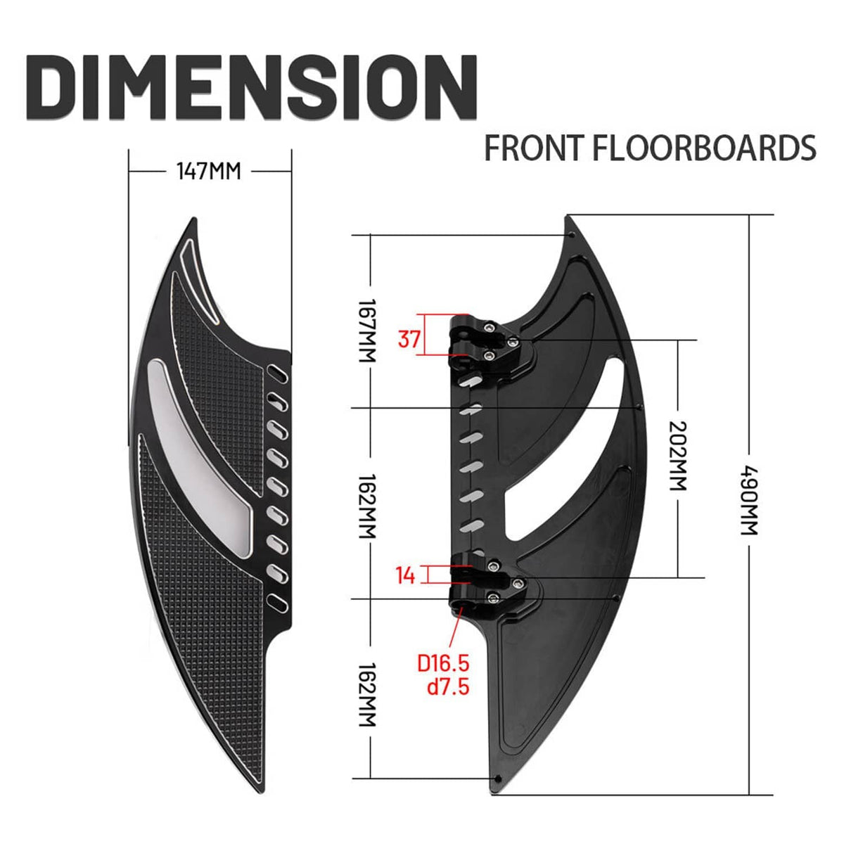 Front floorboard dimension diagram with labeled measurements for a black panel