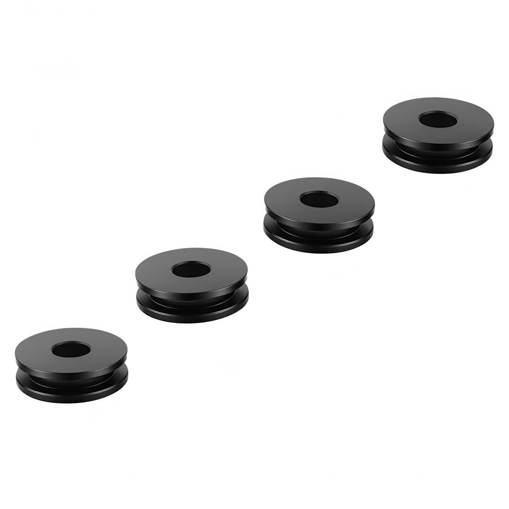 Black round bushing grommets with central holes, set of four flat rings