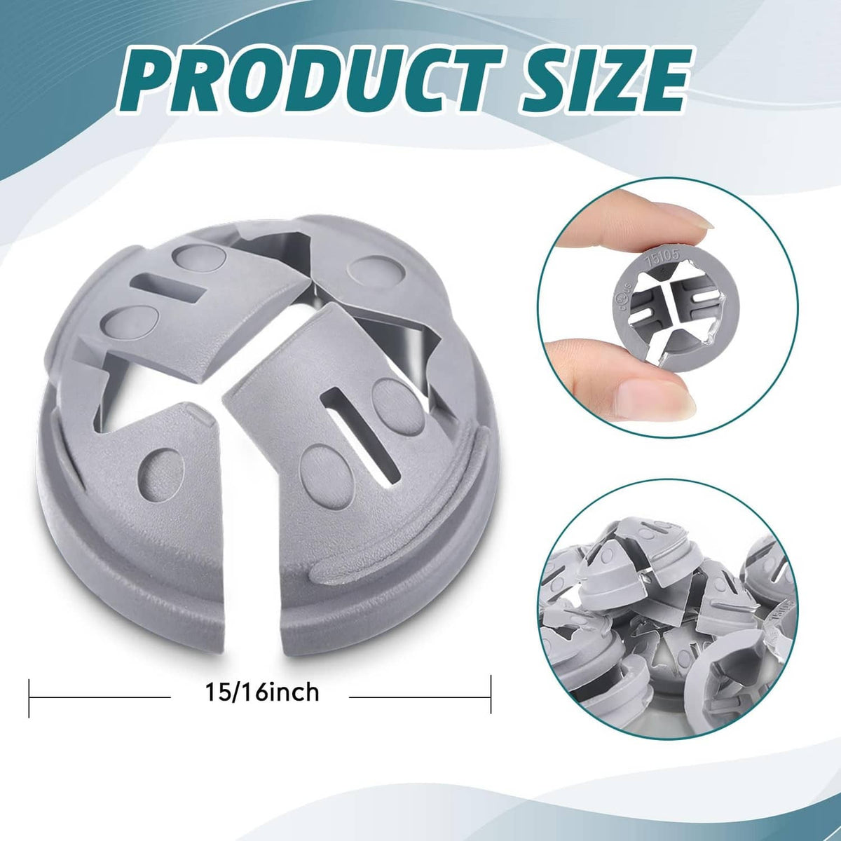 Gray circular non-metallic push-in connector, close-up with separated base pieces