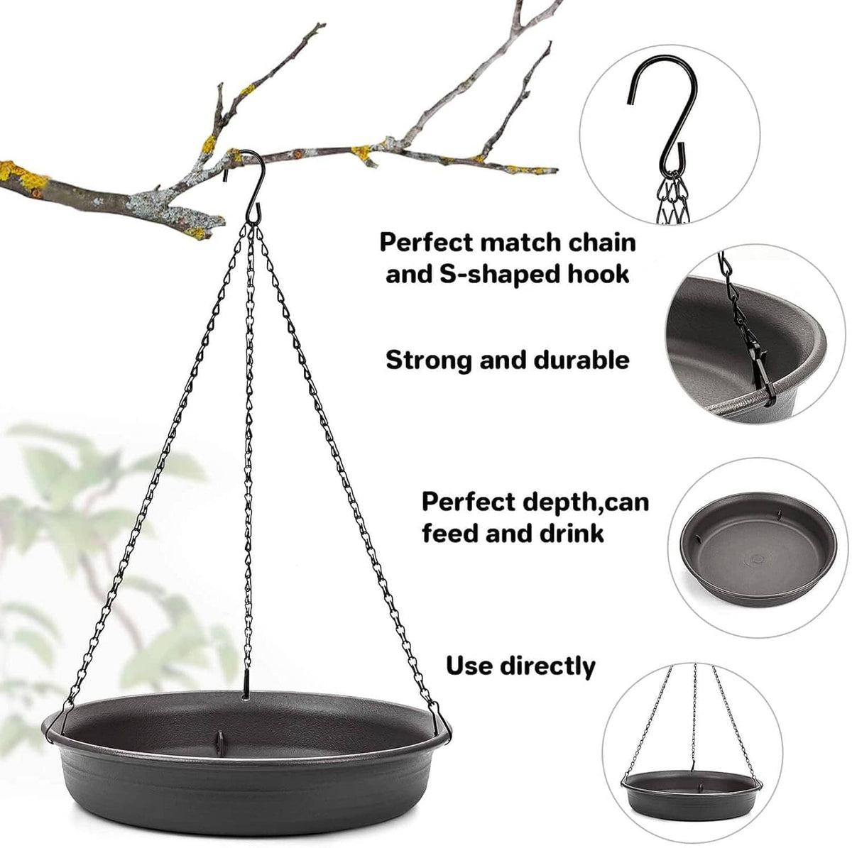 Dark grey hanging bird bath feeder tray suspended by chains and S-shaped hook